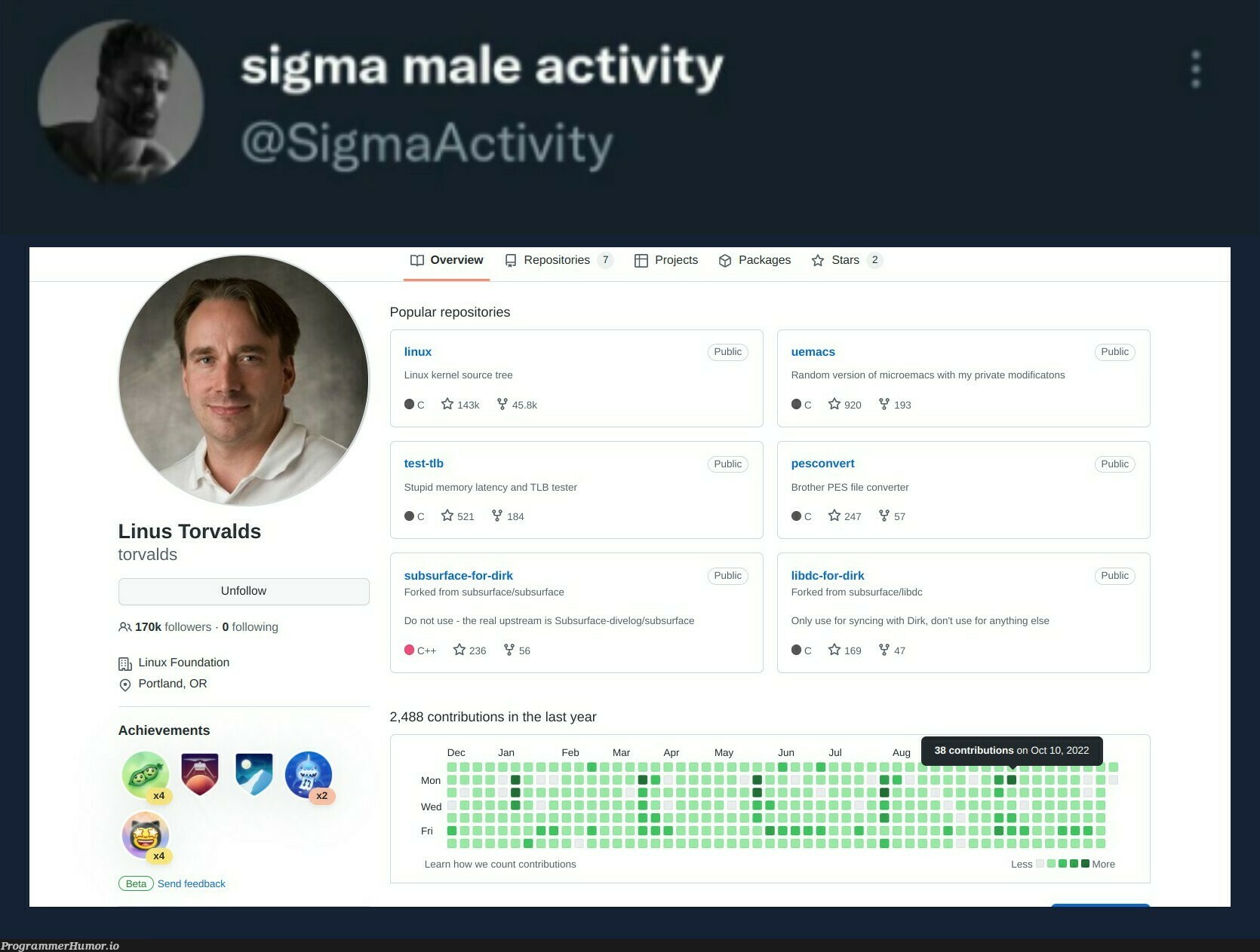 Sigma males don't go outside.. they average 40 commits a day | linux-memes, ux-memes, test-memes, random-memes, version-memes, ide-memes, mac-memes, stream-memes, div-memes, cs-memes, kernel-memes, private-memes | ProgrammerHumor.io