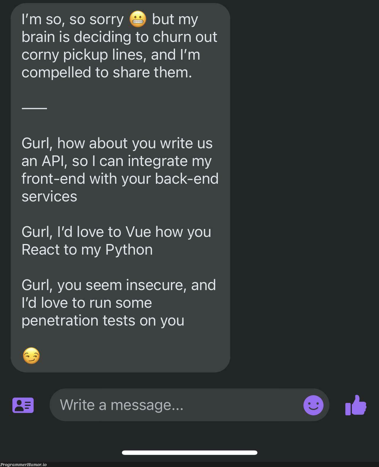 Actual message from a guy on a dating app | python-memes, test-memes, react-memes, api-memes, url-memes, vue-memes, tests-memes, front-end-memes, back-end-memes | ProgrammerHumor.io