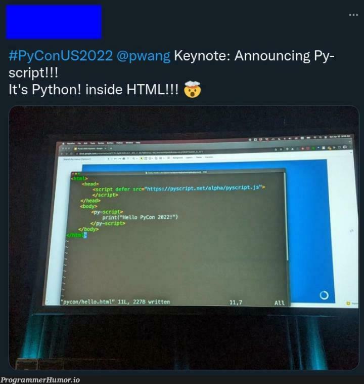 Python is in the browser. No idea if this will lead to chaos or harmony... | html-memes, python-memes, .net-memes, http-memes, idea-memes, ide-memes, ML-memes | ProgrammerHumor.io