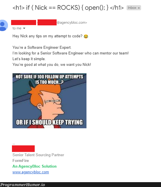 This is a real email a recruiter sent my friend | software-memes, code-memes, engineer-memes, software engineer-memes, agency-memes, try-memes, loc-memes, email-memes, recruit-memes, IT-memes, ML-memes | ProgrammerHumor.io