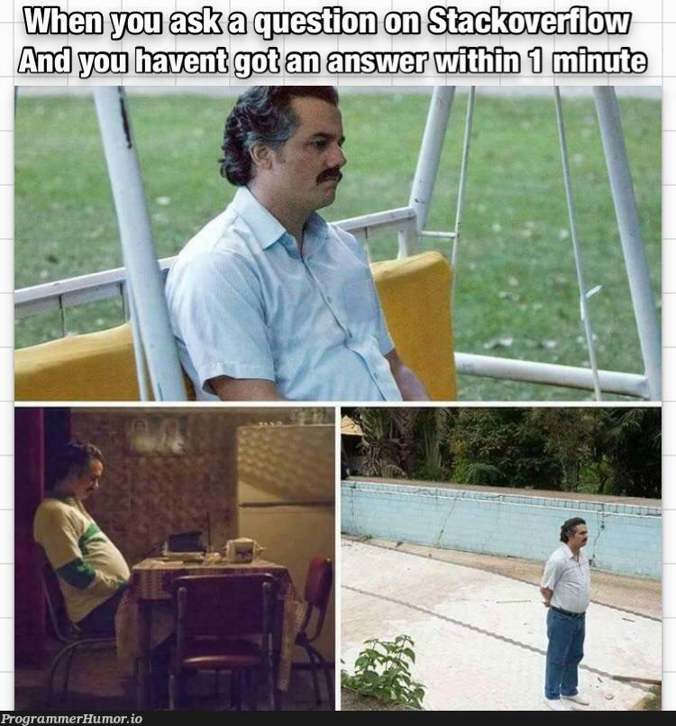 When you ask a question on StackOverflow and dont get an answer within 1 minute. | stackoverflow-memes, stack-memes, overflow-memes | ProgrammerHumor.io