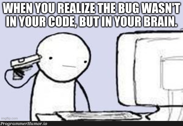 When you realize the bug wasn't in your code, but in your brain. | code-memes, bug-memes | ProgrammerHumor.io