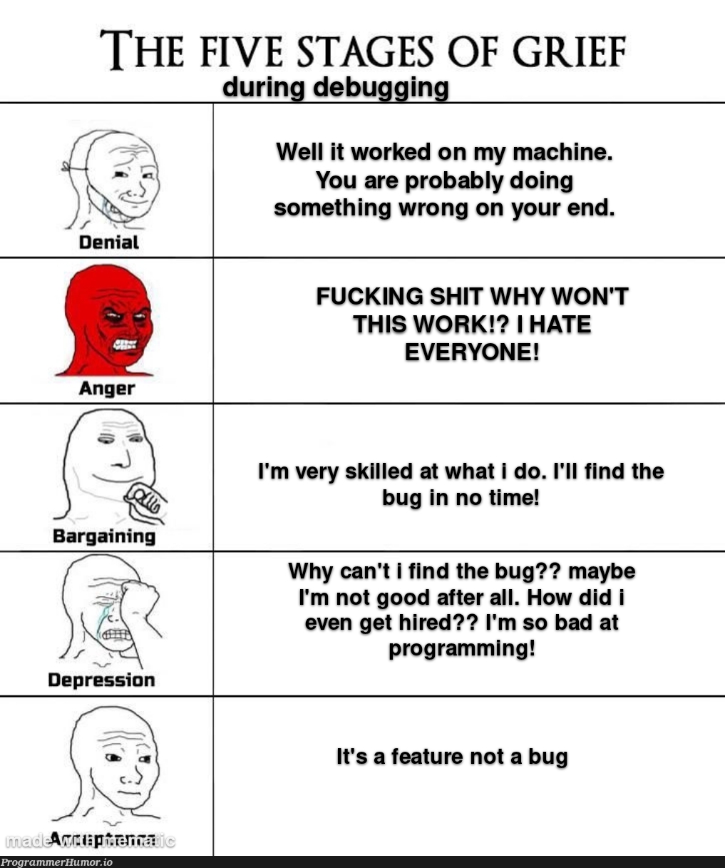 The five stages of grief during debugging | programming-memes, program-memes, debugging-memes, bug-memes, machine-memes, debug-memes, IT-memes, mac-memes, feature-memes | ProgrammerHumor.io