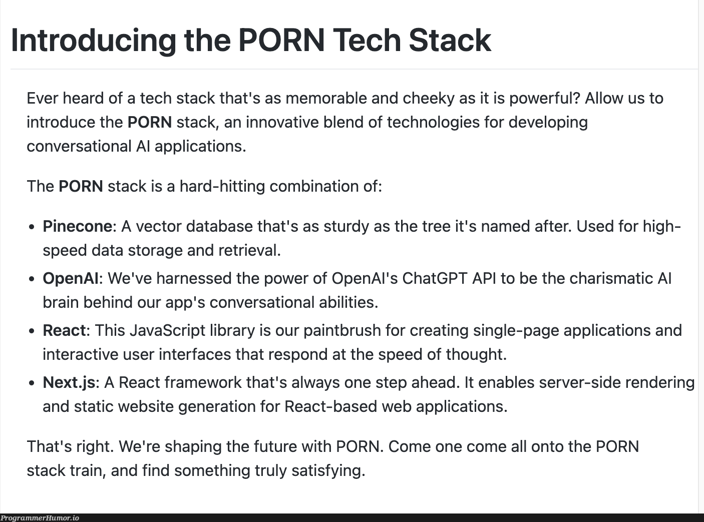 Introducing the PORN Tech Stack (It's real!) | javascript-memes, tech-memes, java-memes, web-memes, website-memes, stack-memes, server-memes, react-memes, data-memes, database-memes, api-memes, user interface-memes, IT-memes, ide-memes, train-memes, framework-memes | ProgrammerHumor.io