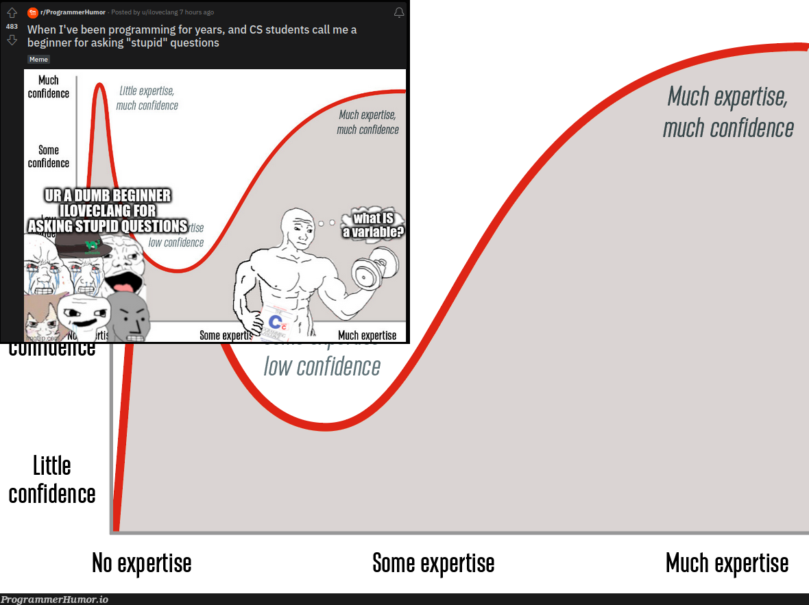 Perfect example of the Dunning Kruger effect | ide-memes, cs-memes | ProgrammerHumor.io