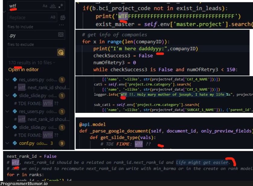 Just found out that our codebase contains more than 100 WTF statements and one life wisdom | code-memes, google-memes, try-memes, data-memes, api-memes, search-memes, ide-memes | ProgrammerHumor.io