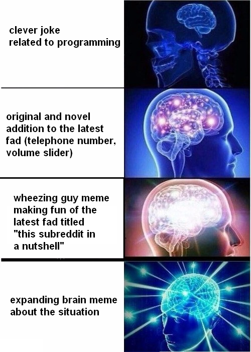 "this subreddit in a nutshell" in a nutshell | programming-memes, program-memes, test-memes, shell-memes, reddit-memes, subreddit-memes, ide-memes | ProgrammerHumor.io