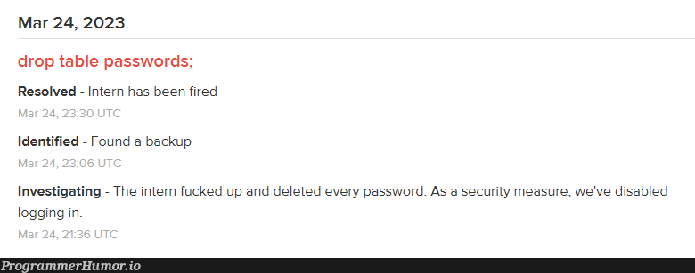 Poor intern just made a small mistake | password-memes, security-memes, rds-memes, ide-memes | ProgrammerHumor.io