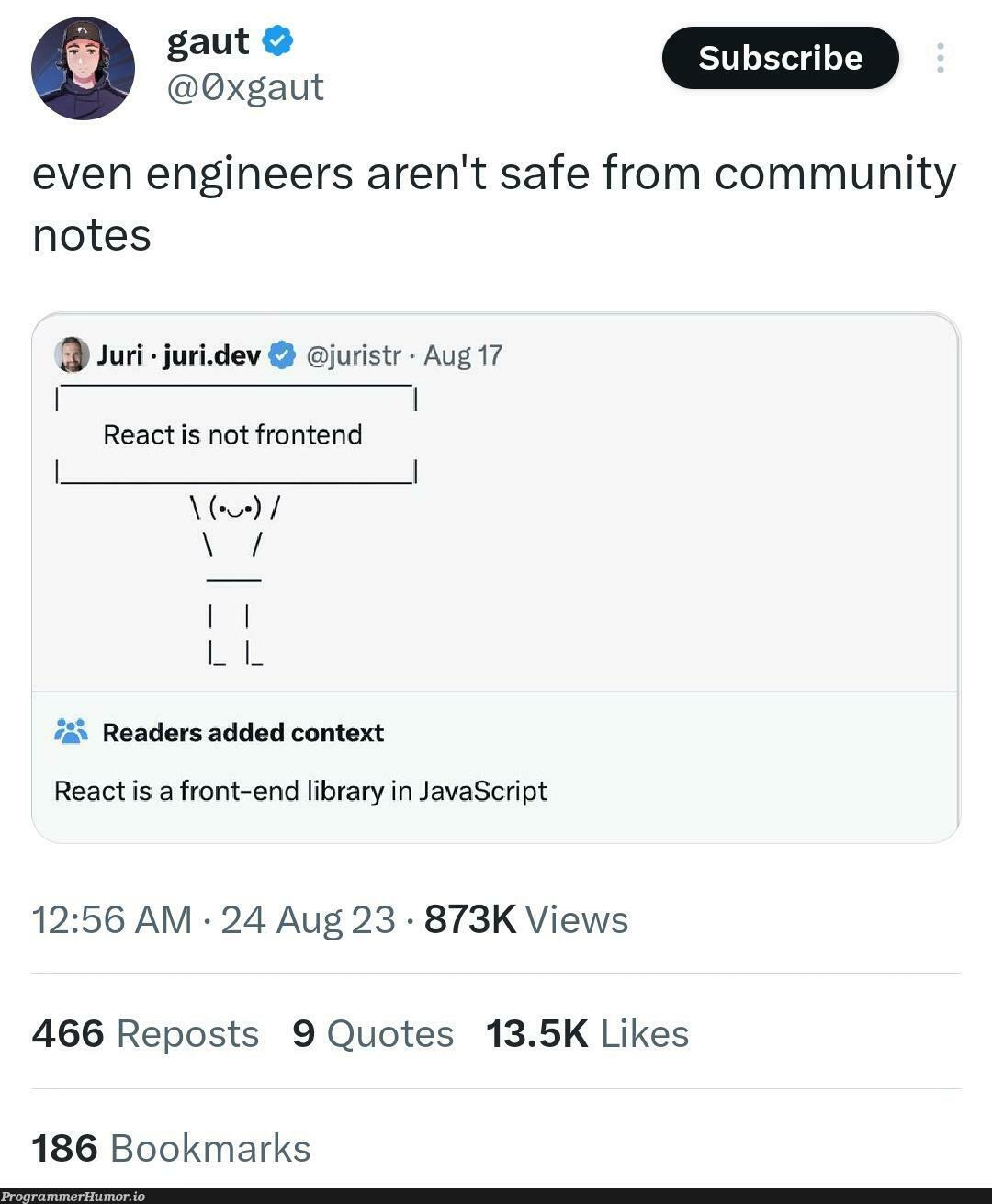 communityNoteHotTake | javascript-memes, java-memes, engineer-memes, frontend-memes, react-memes, front-end-memes | ProgrammerHumor.io