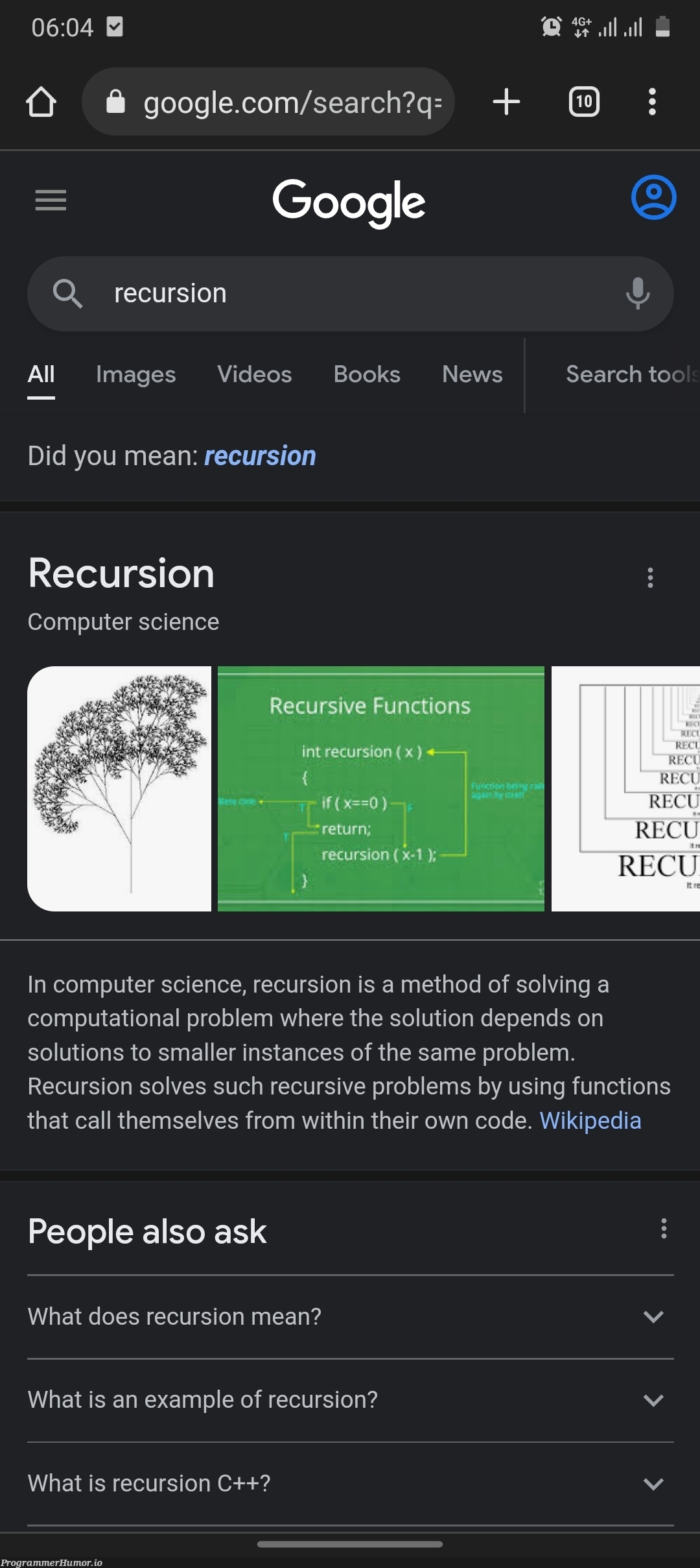 Google being a smarta^s | code-memes, computer-memes, computer science-memes, google-memes, c++-memes, image-memes, function-memes, recursion-memes, search-memes, recursive-memes, ide-memes | ProgrammerHumor.io