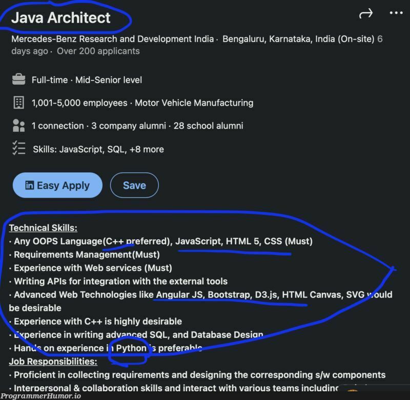 We want a Java Architect. But hey, we also want you to be a C++ architect, UI architect & Python architect at the same time. | html-memes, css-memes, javascript-memes, tech-memes, java-memes, python-memes, development-memes, web-memes, design-memes, management-memes, c++-memes, requirements-memes, sql-memes, angular-memes, api-memes, web services-memes, oop-memes, search-memes, component-memes, ML-memes, language-memes, cs-memes | ProgrammerHumor.io