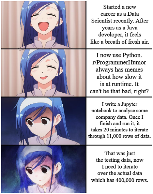 I'm sorry guys. I always just assumed you were all just impatient... Forgive me, I didn't know... | programmer-memes, developer-memes, java-memes, python-memes, program-memes, testing-memes, test-memes, data-memes, IT-memes, data scientist-memes, runtime-memes, jupyter-memes | ProgrammerHumor.io