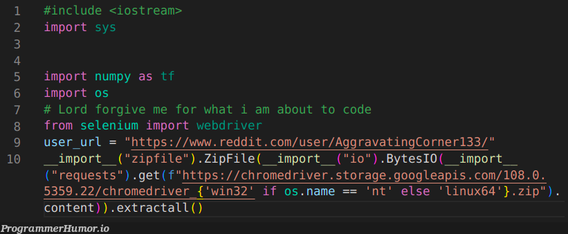 The most upvoted comment picks the next line of code: Day 10. Breaking 80-column rule, oof | code-memes, linux-memes, web-memes, ux-memes, google-memes, ios-memes, api-memes, numpy-memes, selenium-memes, http-memes, url-memes, reddit-memes, stream-memes, comment-memes | ProgrammerHumor.io