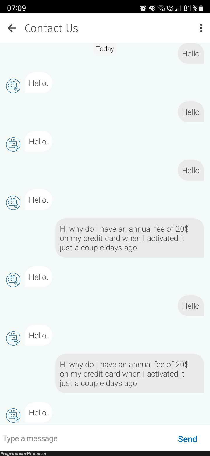 My bank's support bot. | IT-memes, bot-memes | ProgrammerHumor.io