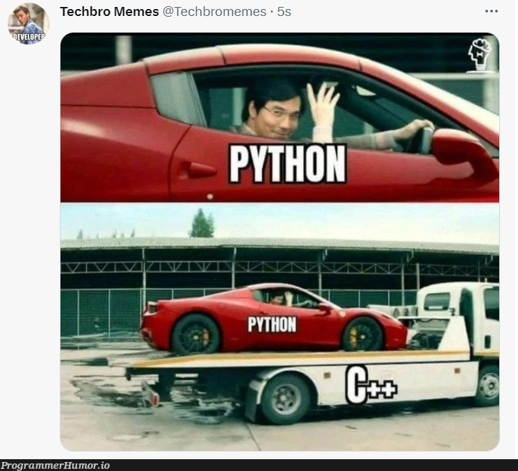 Python cruising on back of c++ | python-memes, c++-memes | ProgrammerHumor.io