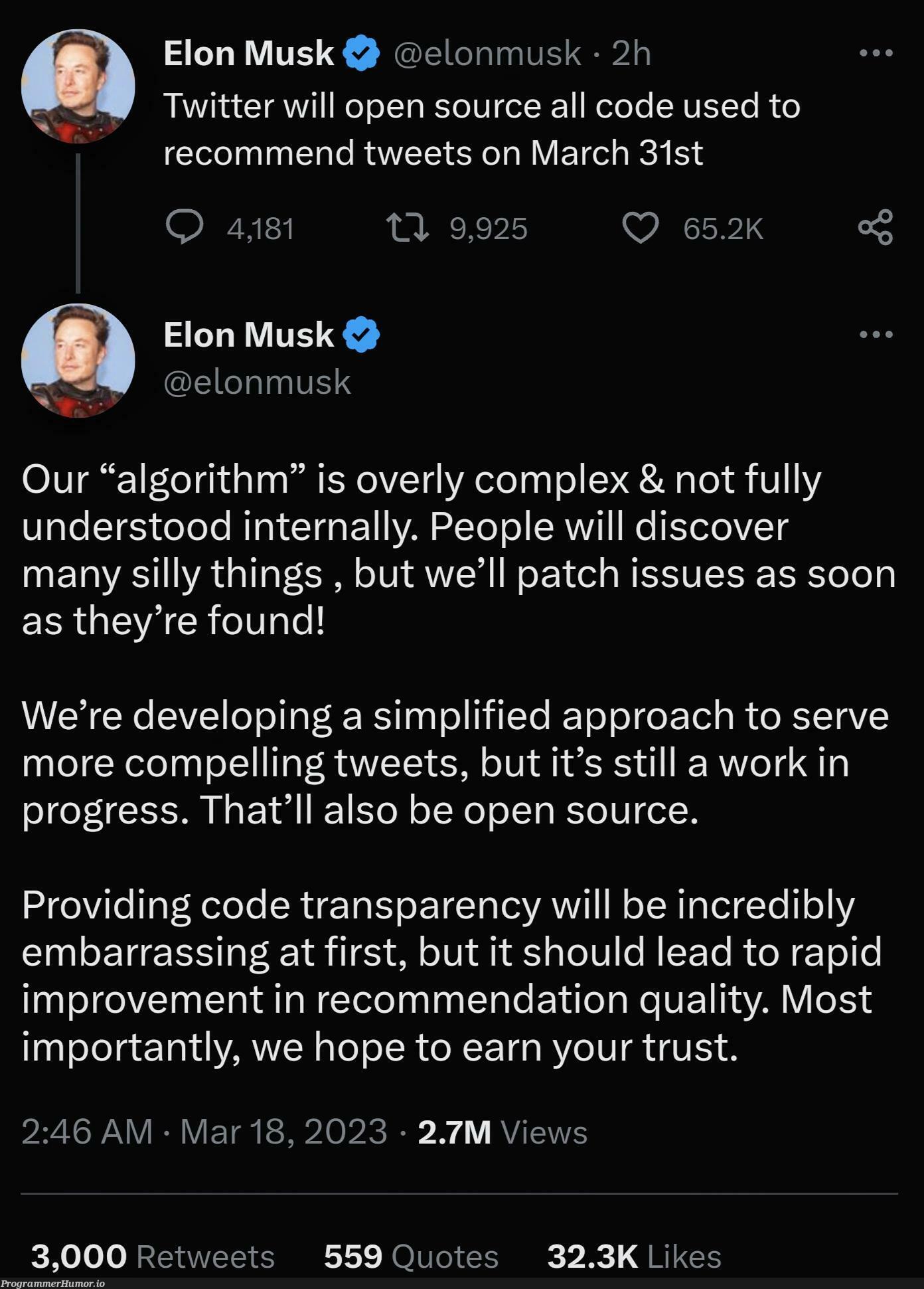 He's actually gonna crowd source Twitter development | code-memes, development-memes, algorithm-memes, api-memes, IT-memes, open source-memes, twitter-memes, retweet-memes | ProgrammerHumor.io