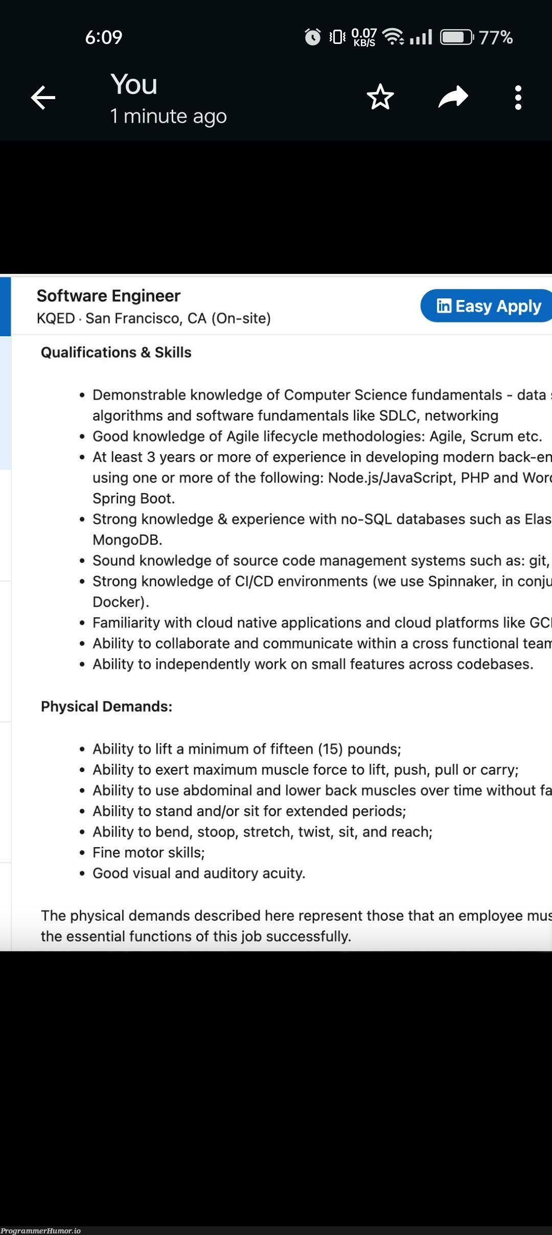 This job I found wants dev to lift weights? Well gotta husle while coding | coding-memes, javascript-memes, software-memes, code-memes, computer-memes, php-memes, java-memes, computer science-memes, engineer-memes, software engineer-memes, management-memes, node-memes, node.js-memes, git-memes, data-memes, sql-memes, spring-memes, database-memes, mongodb-memes, algorithm-memes, forms-memes, spring boot-memes, docker-memes, function-memes, oop-memes, algorithms-memes, network-memes, mongo-memes, edge-memes, cloud-memes, ci/cd-memes, source code-memes, feature-memes | ProgrammerHumor.io