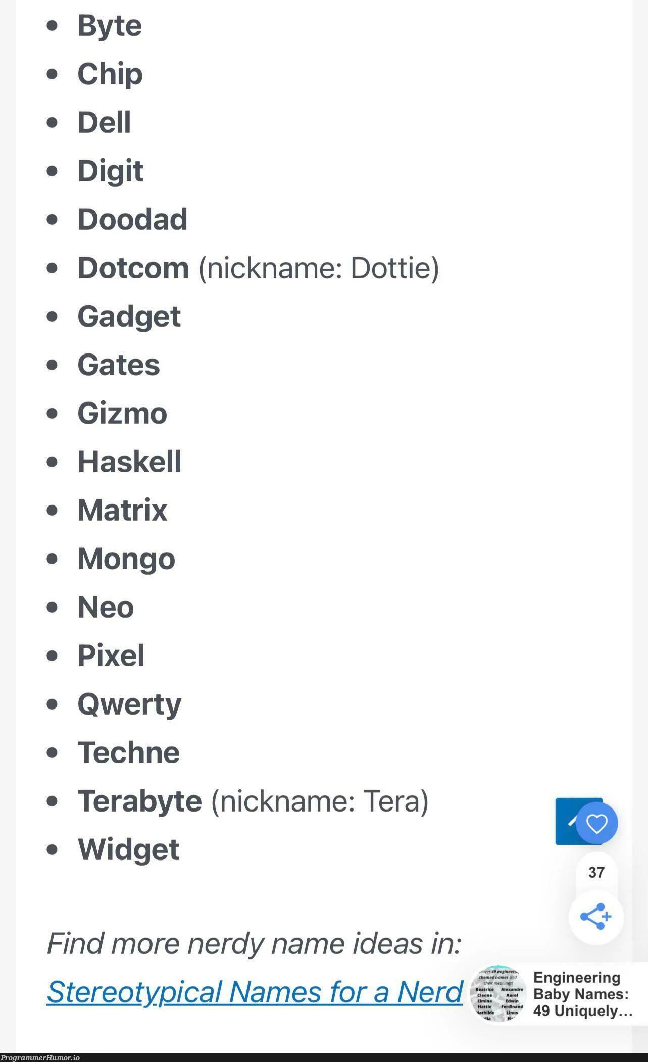 techInspiredBabyNames | tech-memes, engineer-memes, engineering-memes, haskell-memes, git-memes, mongo-memes, idea-memes, ide-memes | ProgrammerHumor.io