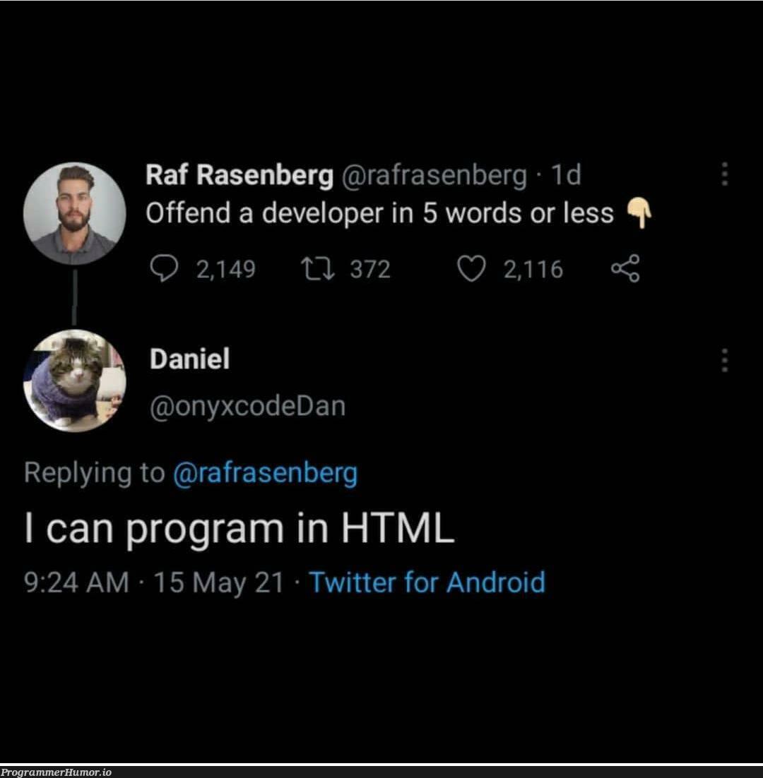 Programming in HTML | programming-memes, developer-memes, html-memes, code-memes, android-memes, program-memes, xcode-memes, rds-memes, ML-memes, twitter-memes | ProgrammerHumor.io