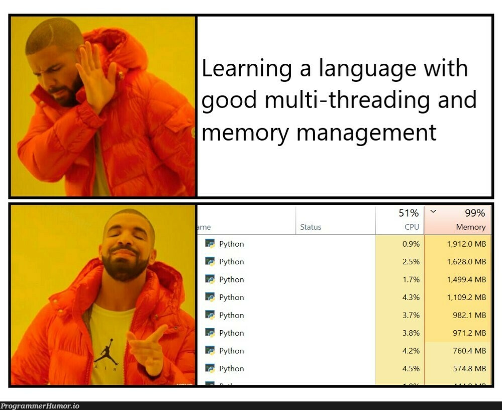 Python 4 life | python-memes, management-memes, threading-memes, language-memes | ProgrammerHumor.io