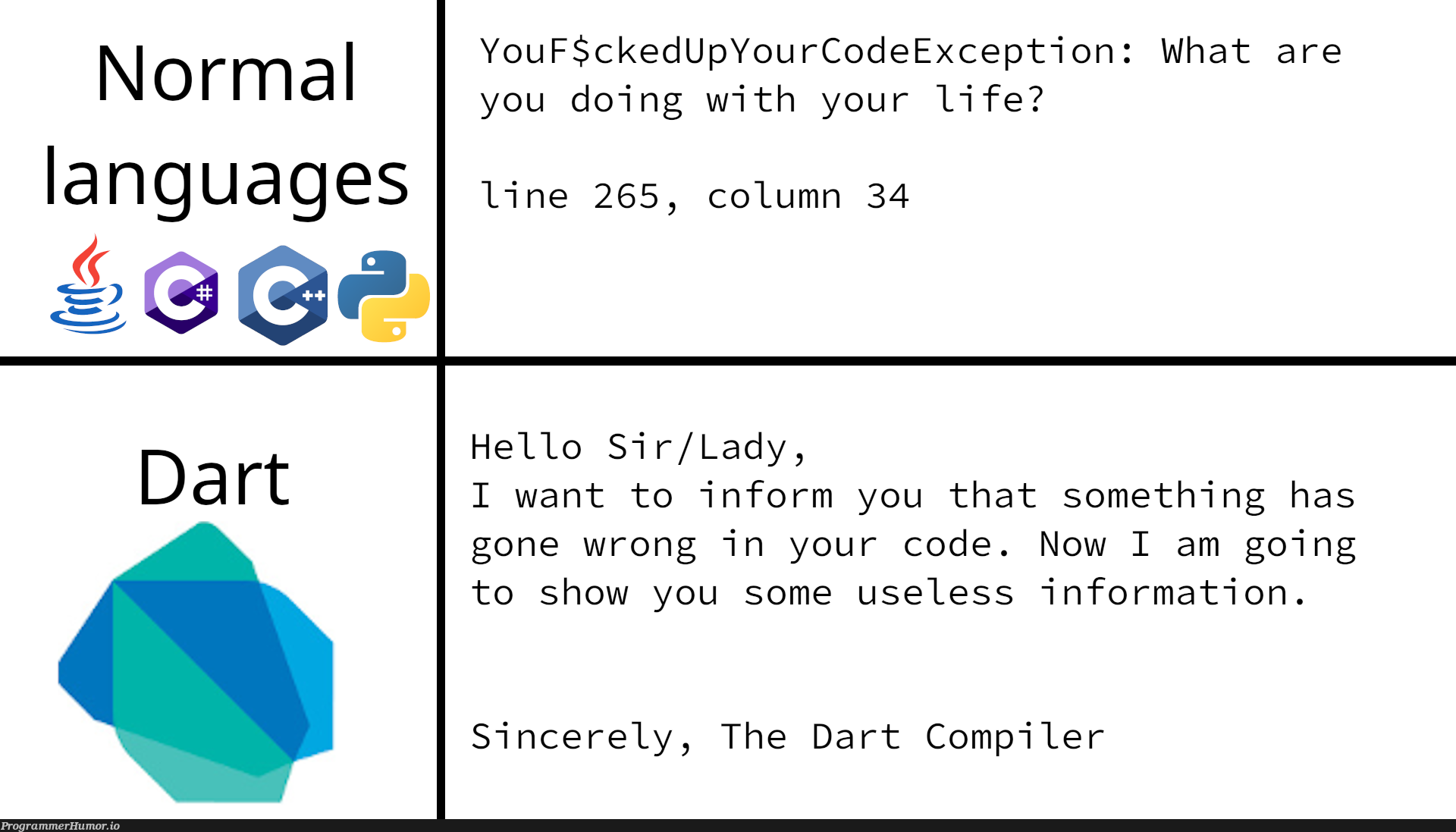 And also, you are very beautiful! Continue your day! Anyways, here is your stack trace: | code-memes, stack-memes, dart-memes, compiler-memes, language-memes, exception-memes | ProgrammerHumor.io