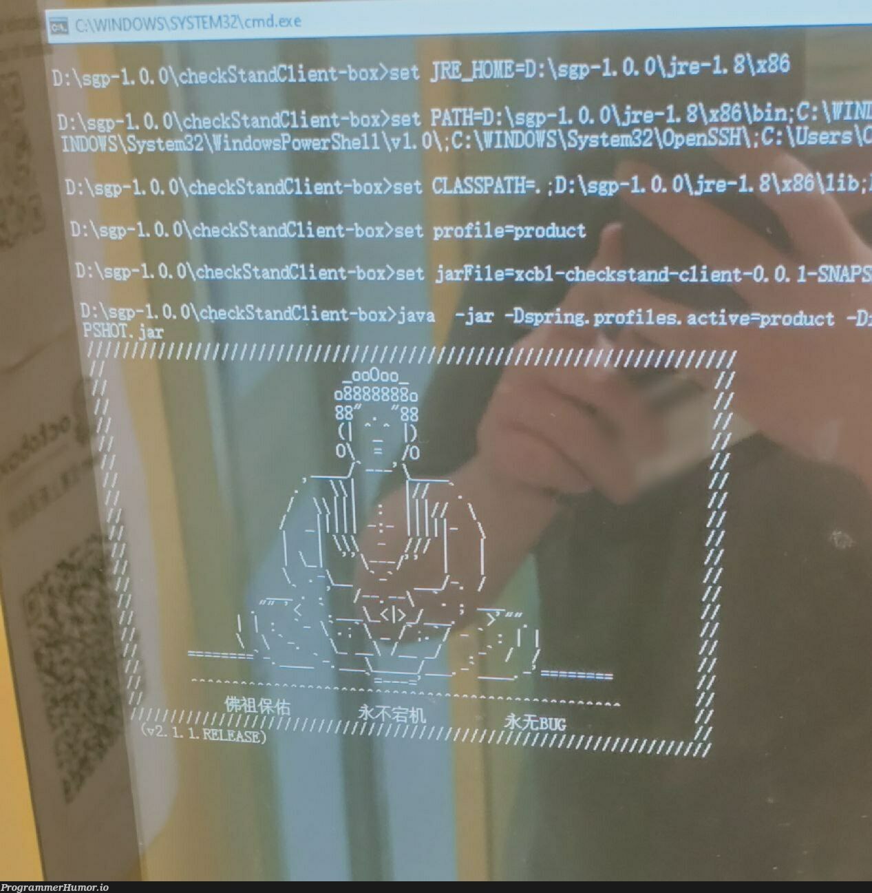 Self-checkout computer crashed, revealing a buddha that prays for no bug and no crash | computer-memes, bug-memes, cli-memes, crash-memes, product-memes | ProgrammerHumor.io