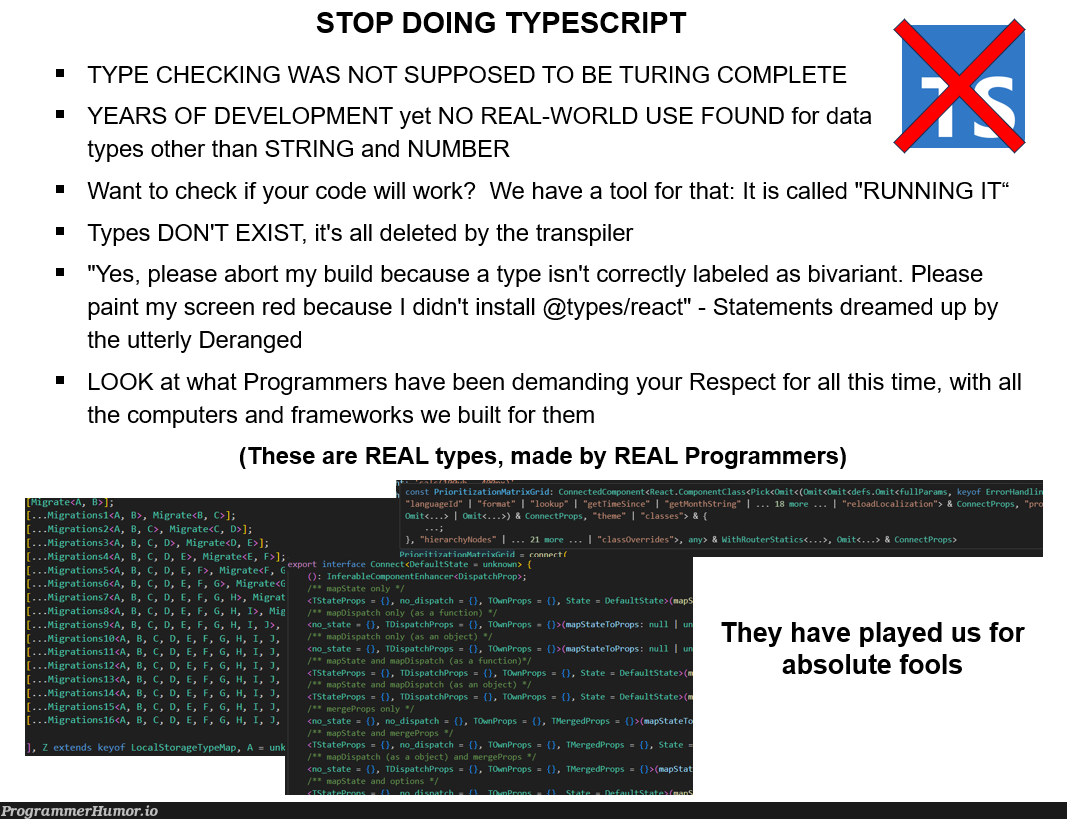 stopDoingTypeScript | programmer-memes, code-memes, computer-memes, development-memes, program-memes, react-memes, data-memes, string-memes, typescript-memes, IT-memes, framework-memes | ProgrammerHumor.io