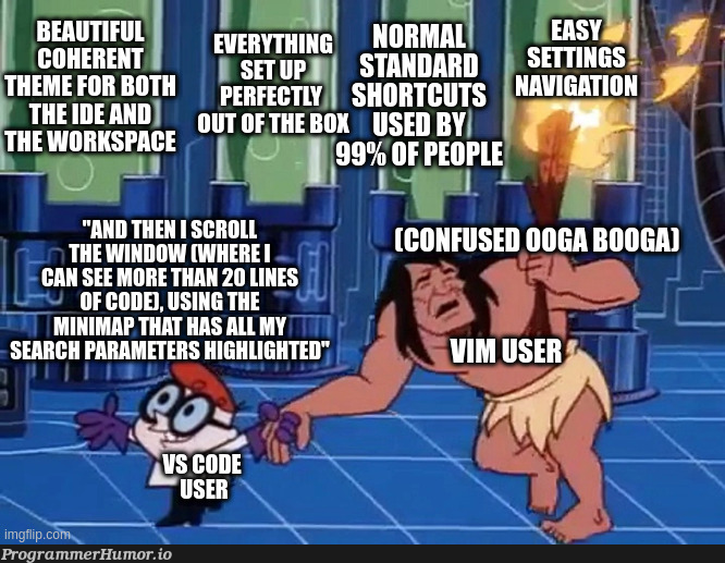 Showing VS Code to a Vim user be like | code-memes, vim-memes, vs code-memes, search-memes | ProgrammerHumor.io