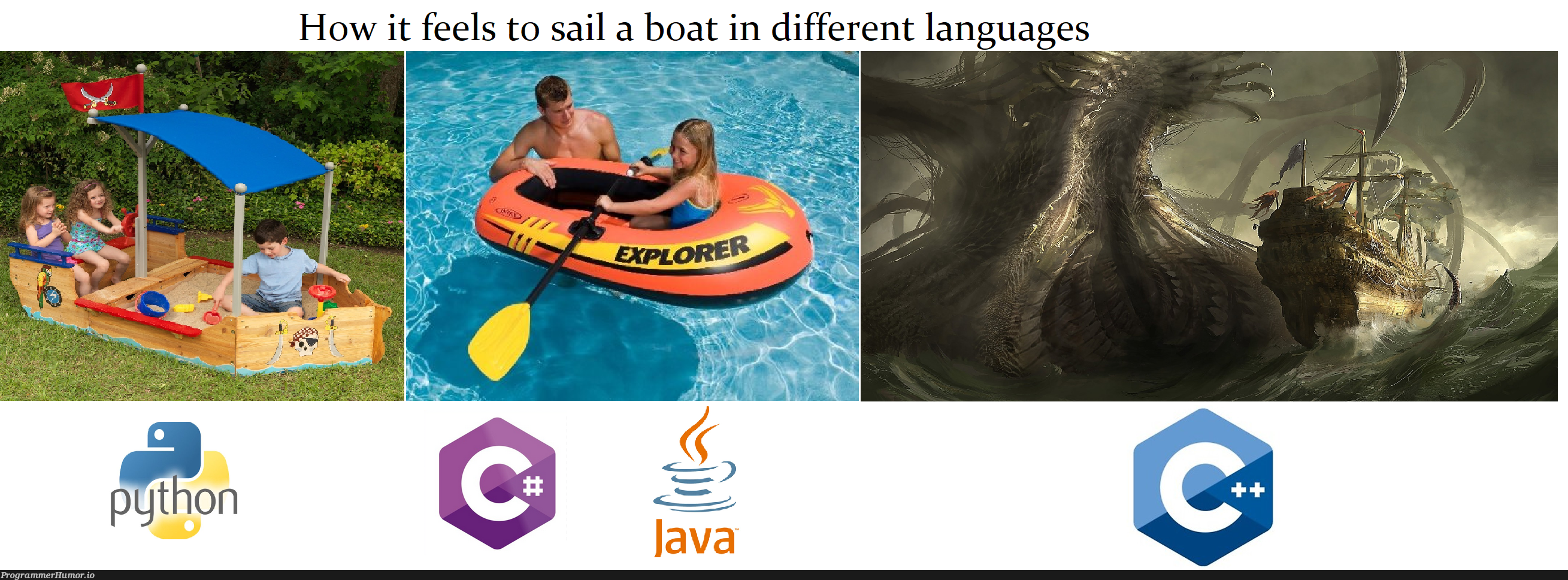 How it feels to sail a boat in different programming languages | programming-memes, program-memes, IT-memes, language-memes, programming language-memes | ProgrammerHumor.io