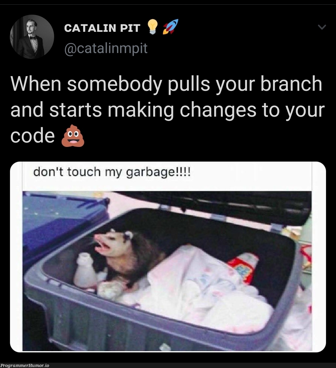 "Don't touch my garbage!" | ProgrammerHumor.io