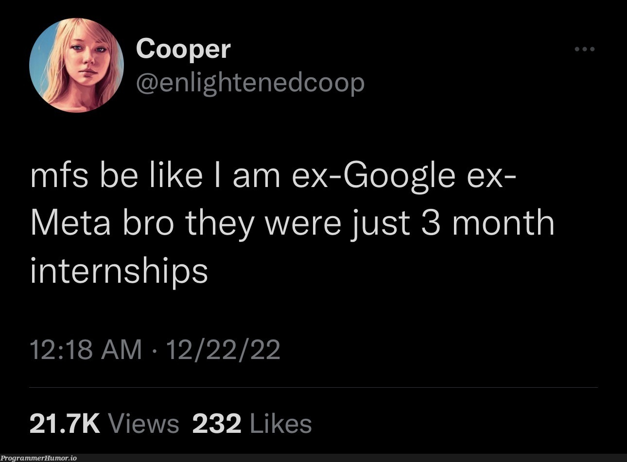 ex-Facebook ex-Amazon ex-Apple ex-Netflix ex-Google | google-memes, amazon-memes, apple-memes, facebook-memes, oop-memes | ProgrammerHumor.io