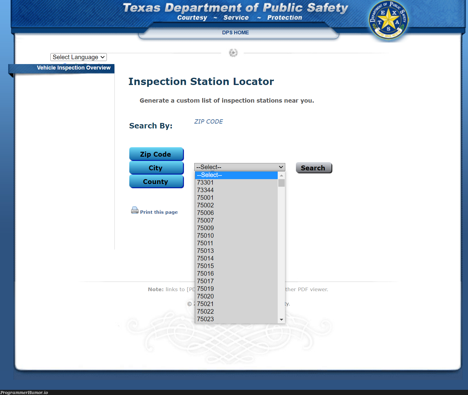 Dropdown list for all 1930 zip codes in Texas | code-memes, loc-memes, list-memes, pdf-memes, search-memes, language-memes, public-memes | ProgrammerHumor.io