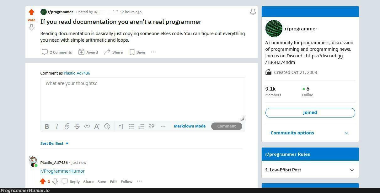 Real Programmers Don't Read Docs. | programming-memes, programmer-memes, code-memes, program-memes, discord-memes, http-memes, oop-memes, documentation-memes, cs-memes, comment-memes | ProgrammerHumor.io