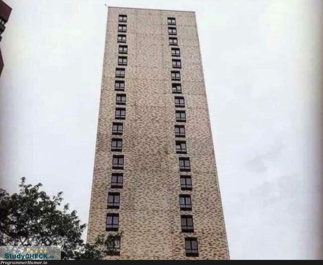 The designer of this building must have been a programmer using spaces instead of tabs | programmer-memes, design-memes, designer-memes, program-memes, space-memes, tabs-memes | ProgrammerHumor.io