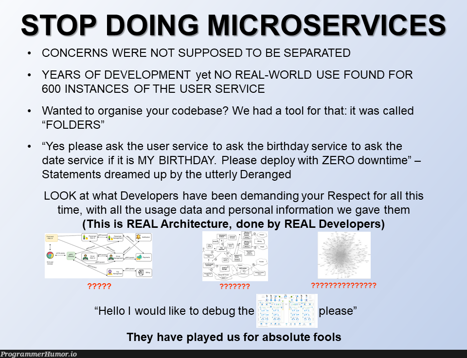 Microservices | developer-memes, code-memes, development-memes, bug-memes, data-memes, date-memes, debug-memes, IT-memes | ProgrammerHumor.io