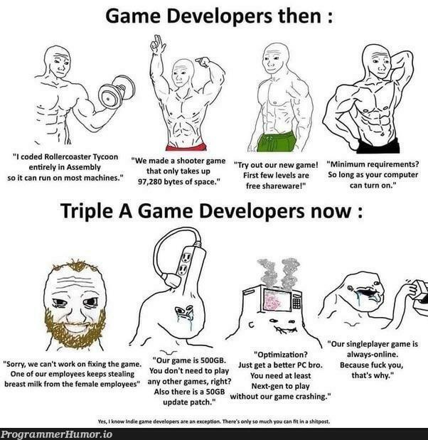 Game developers back then bs game developers now | developer-memes, code-memes, computer-memes, try-memes, assembly-memes, machine-memes, requirements-memes, mac-memes, space-memes | ProgrammerHumor.io