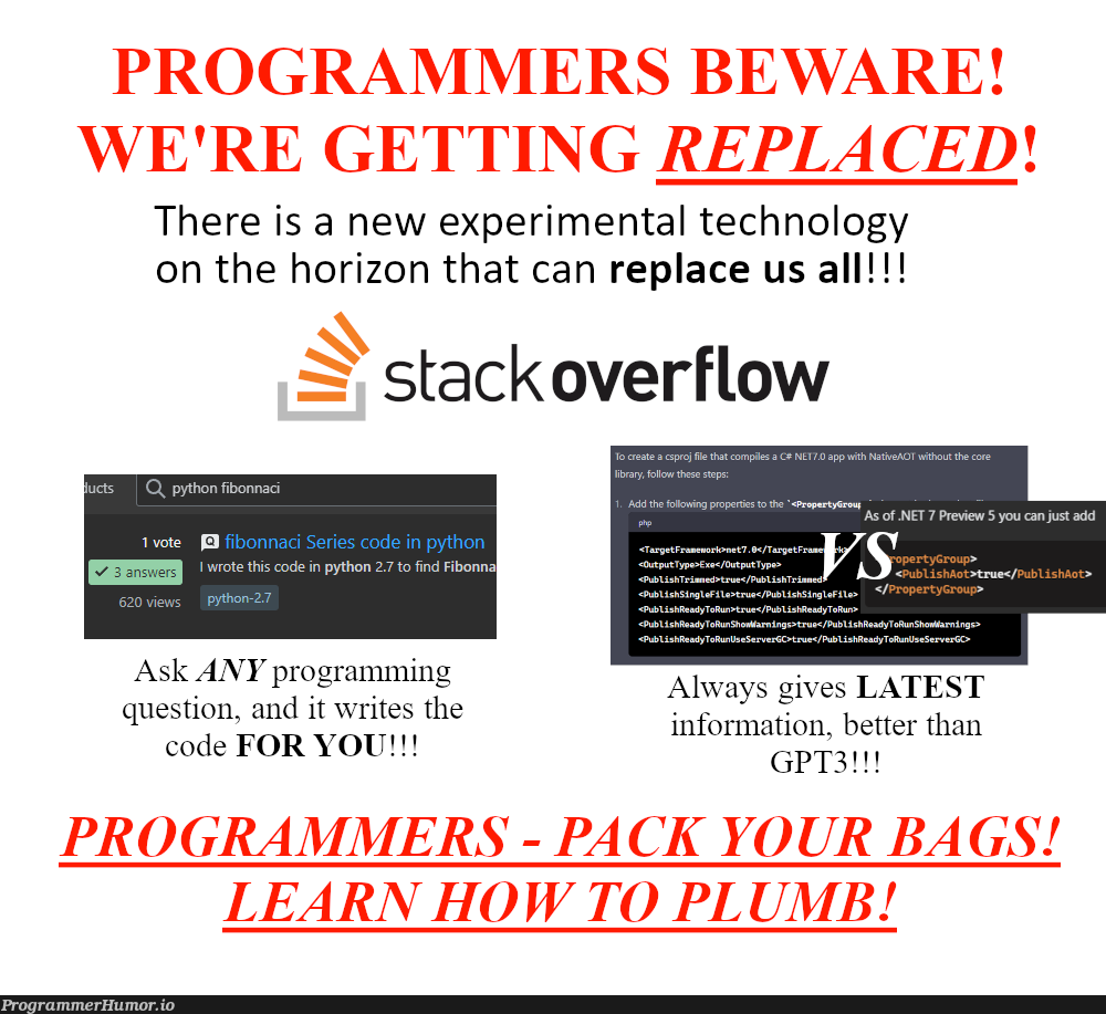 PROGRAMMER DOOMSDAY INCOMING! NEW TECHNOLOGY CAPABLE OF WRITING CODE SNIPPETS APPEARED!!! | programming-memes, programmer-memes, code-memes, tech-memes, technology-memes, stackoverflow-memes, stack-memes, program-memes, test-memes, overflow-memes, IT-memes | ProgrammerHumor.io