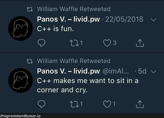 A tragic story in two tweets | c++-memes, retweet-memes | ProgrammerHumor.io