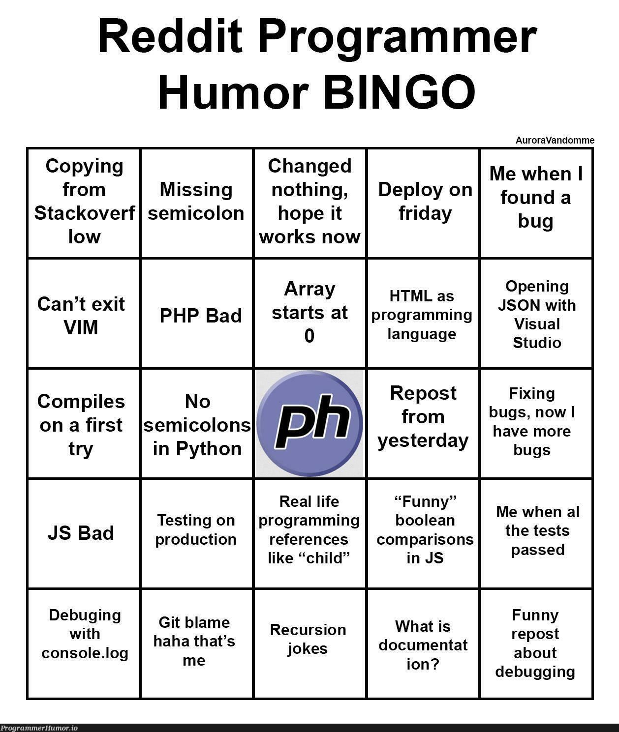 Programmer Humor BINGO | programming-memes, programmer-memes, html-memes, php-memes, python-memes, stack-memes, program-memes, array-memes, try-memes, debugging-memes, bugs-memes, testing-memes, test-memes, bug-memes, json-memes, recursion-memes, debug-memes, fix-memes, js-memes, production-memes, reddit-memes, IT-memes, ML-memes, tests-memes, console-memes, semicolon-memes, language-memes, product-memes | ProgrammerHumor.io