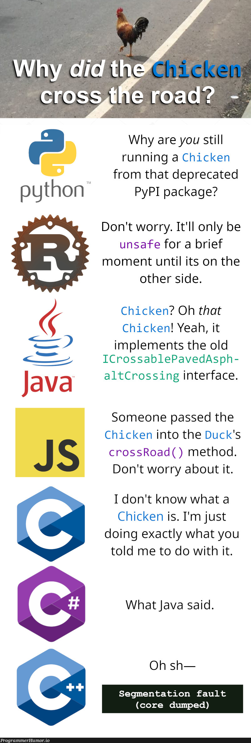 instanceOfChickenCrossingTheRoad | java-memes, IT-memes, ide-memes | ProgrammerHumor.io