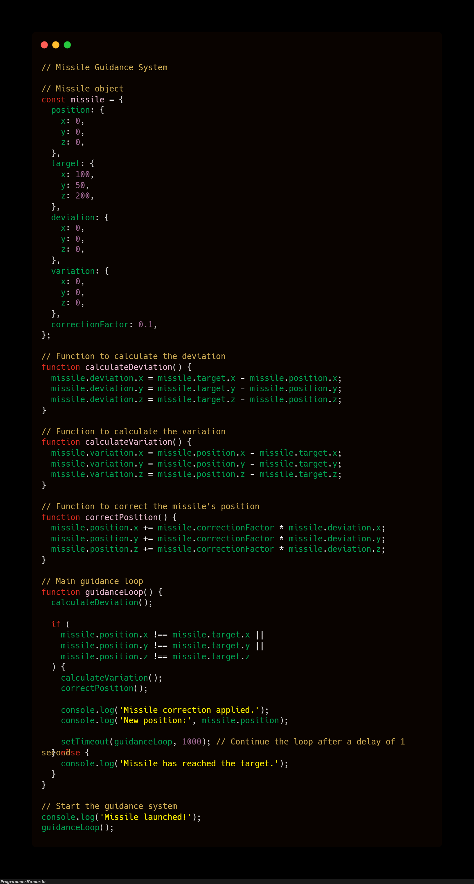 Missile Guidance System in JavaScript | javascript-memes, java-memes, function-memes, object-memes, oop-memes, console-memes | ProgrammerHumor.io