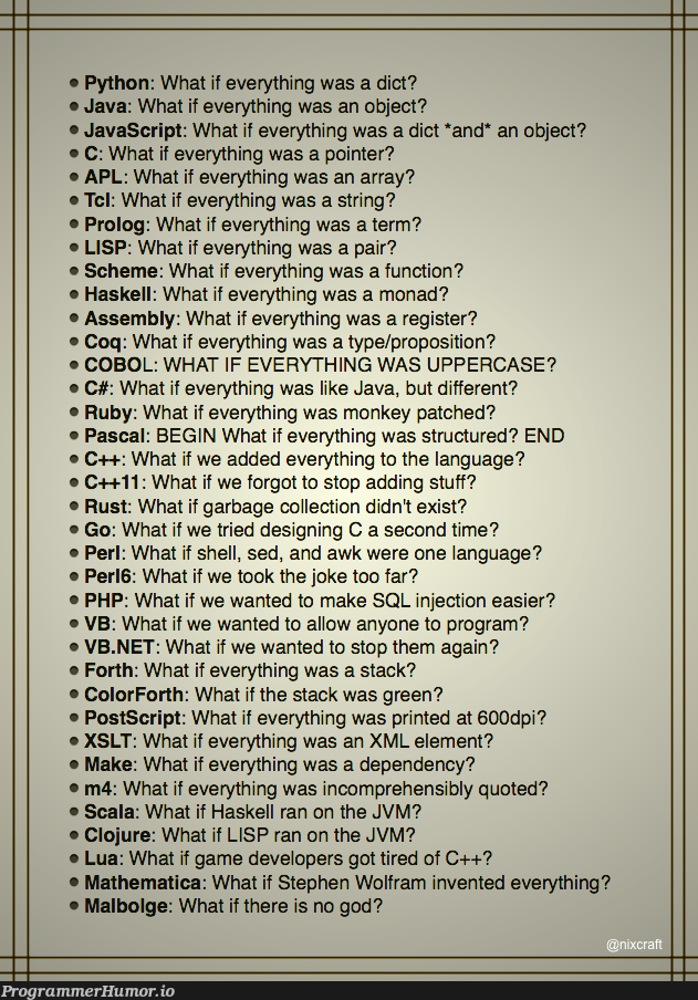 some programming languages at a glance | programming-memes, developer-memes, javascript-memes, php-memes, java-memes, python-memes, design-memes, stack-memes, program-memes, array-memes, assembly-memes, c++-memes, haskell-memes, sql-memes, .net-memes, ruby-memes, xml-memes, string-memes, vb.net-memes, scala-memes, function-memes, shell-memes, perl-memes, object-memes, c++11-memes, c-memes, c#-memes, ML-memes, language-memes, vm-memes, rust-memes, programming language-memes, dependency-memes | ProgrammerHumor.io