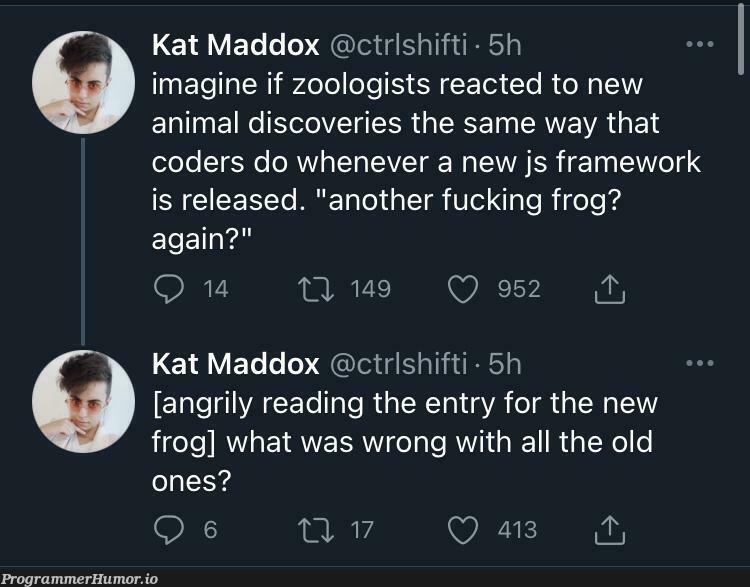 JS devs vs Zoologists | code-memes, coder-memes, try-memes, react-memes, devs-memes, release-memes, js-memes, framework-memes | ProgrammerHumor.io