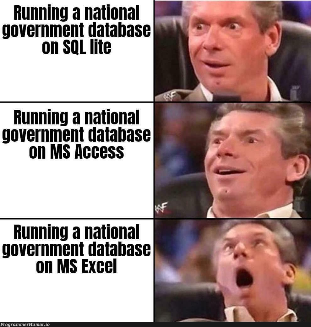 National database | data-memes, excel-memes, database-memes, ms access-memes | ProgrammerHumor.io