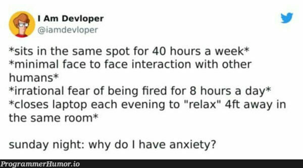 Anxiety is Programmer's best friend (check profile for more memes) | programmer-memes, program-memes, laptop-memes | ProgrammerHumor.io