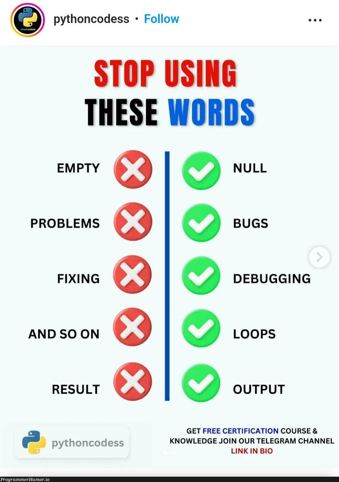 Stop using these words! | code-memes, python-memes, debugging-memes, bugs-memes, bug-memes, loops-memes, oop-memes, debug-memes, fix-memes, rds-memes, edge-memes | ProgrammerHumor.io