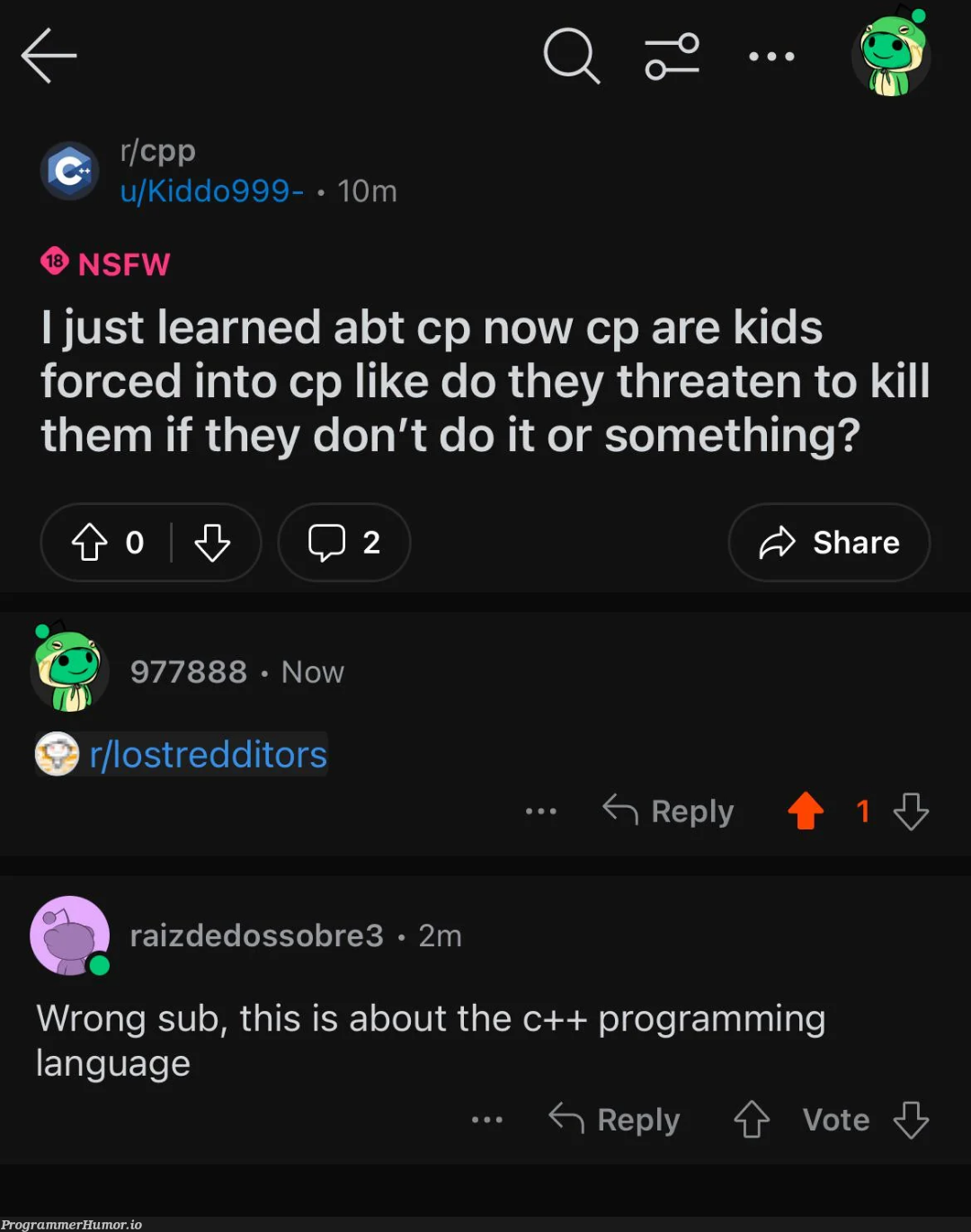 wrongSub | programming-memes, program-memes, c++-memes, reddit-memes, IT-memes, language-memes, programming language-memes | ProgrammerHumor.io