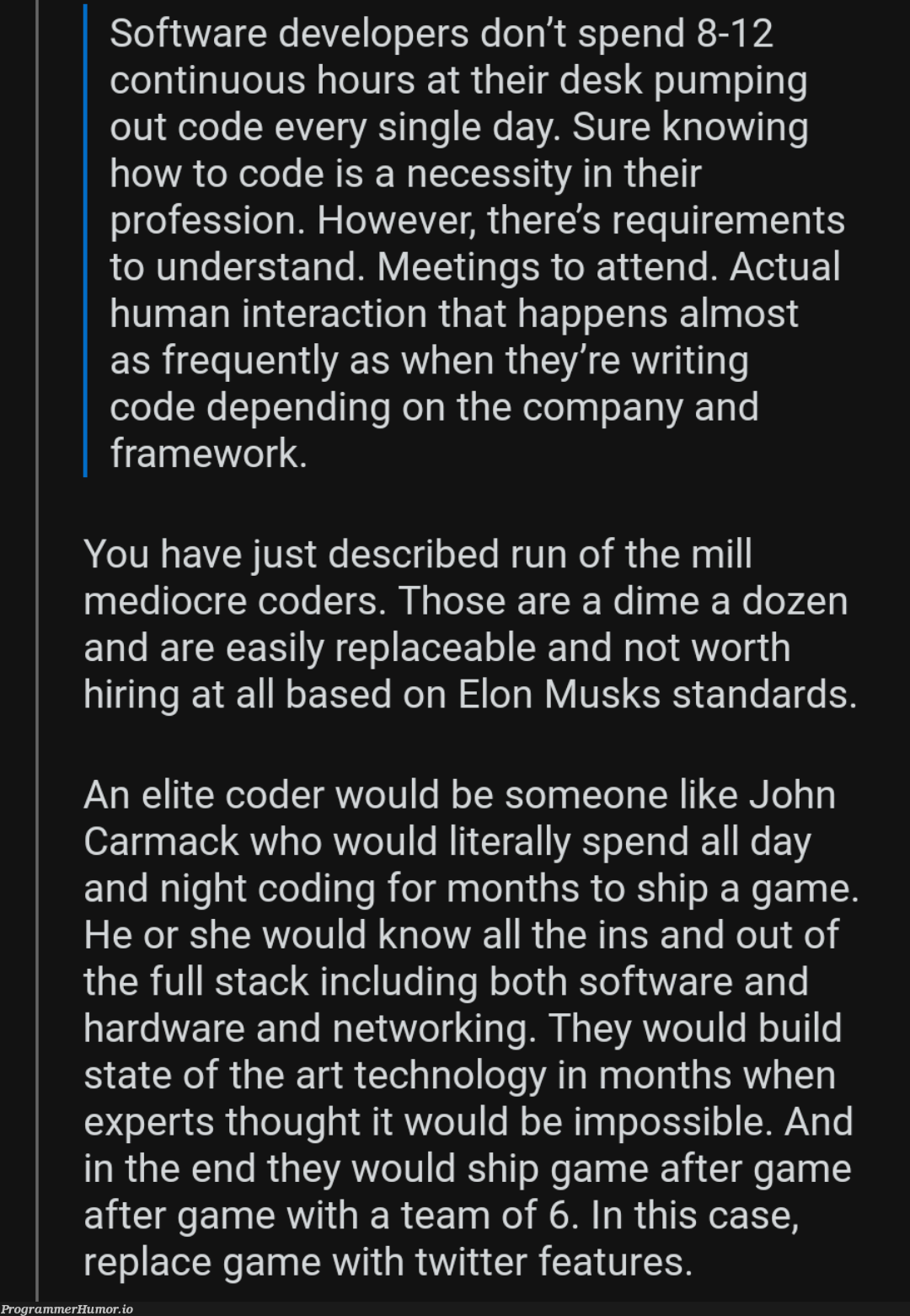 The only programmer twitter needs is John Carmack | programmer-memes, coding-memes, developer-memes, software-memes, code-memes, tech-memes, technology-memes, coder-memes, software developer-memes, stack-memes, program-memes, requirements-memes, hardware-memes, network-memes, IT-memes, rds-memes, mac-memes, bot-memes, twitter-memes, framework-memes, feature-memes, full stack-memes | ProgrammerHumor.io