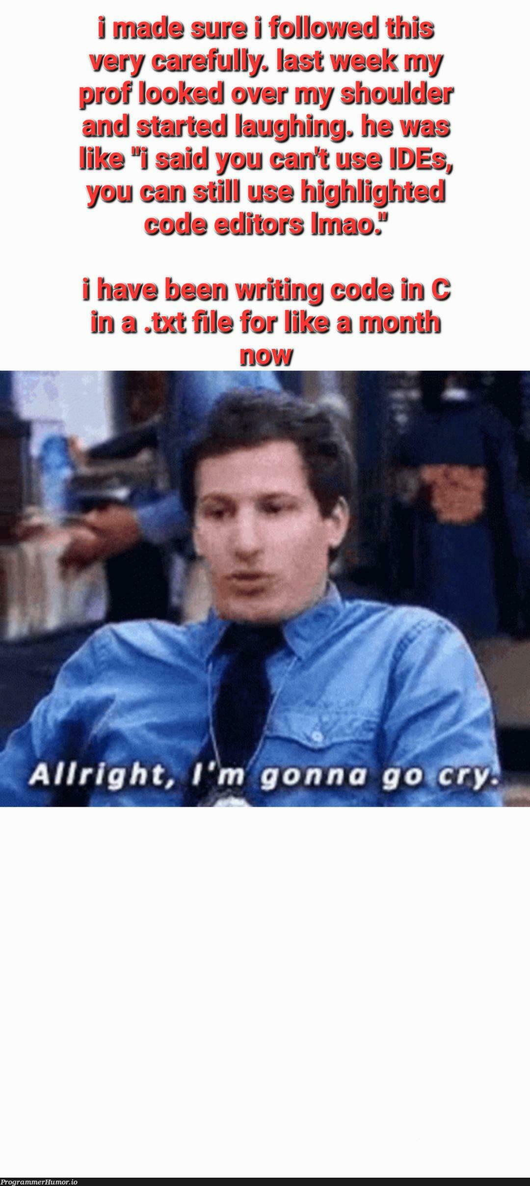 Prof made it very clear from the first day thar we can't use IDEs in the course | code-memes, ux-memes, c-memes, IT-memes, ide-memes | ProgrammerHumor.io