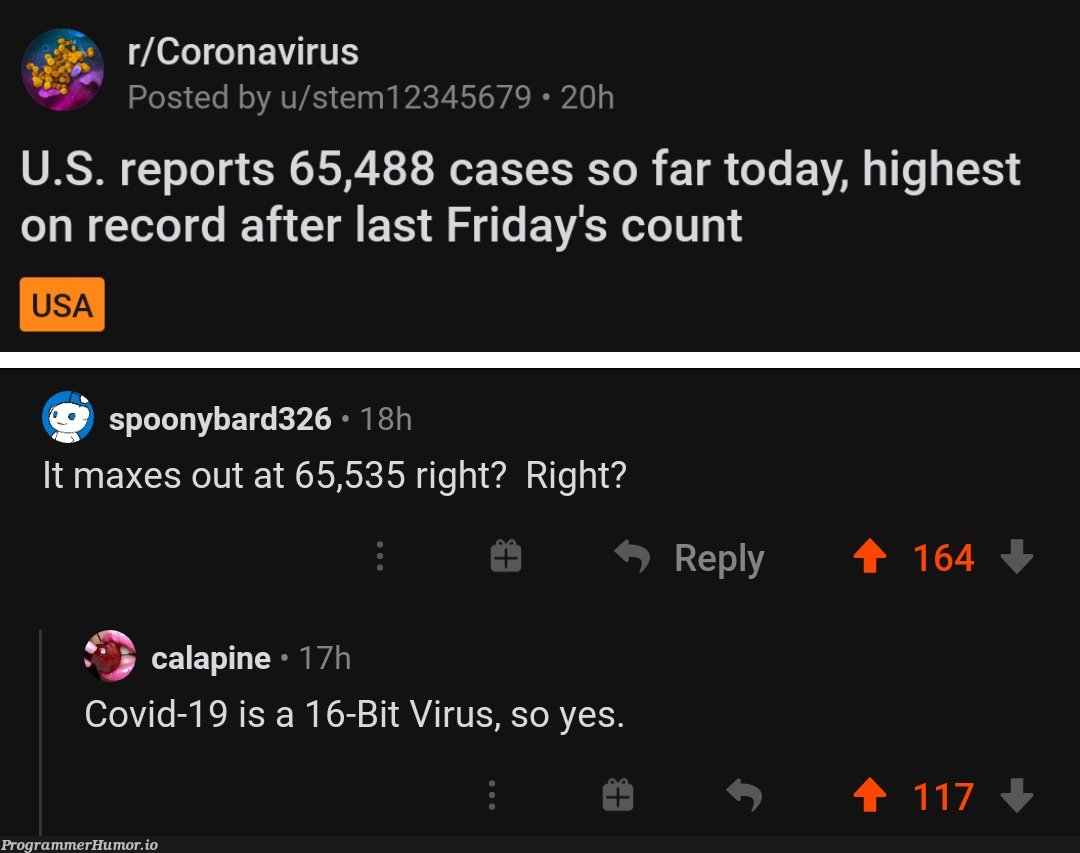 TIL Coronavirus is 16 bit | virus-memes, api-memes, IT-memes | ProgrammerHumor.io